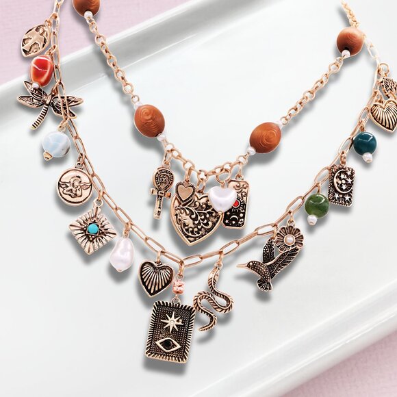 Love Luck + Faith Guardian Angel Heart Evil Eye Wood Beaded Charm Layer Necklace - Picture 4 of 9